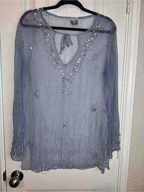 Bill Blass Y2K vtg sheer Slate Blue Sequin Top fairycore whimsy fairy boho chic